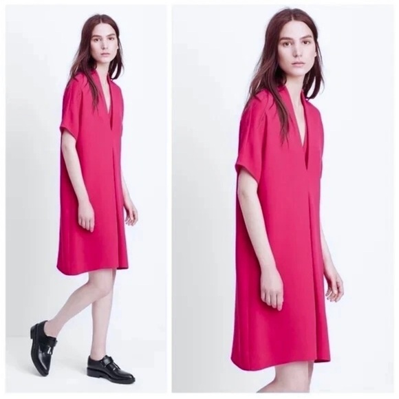 VINCE Pink Magenta Double V Inverted Pleated Drop Shoulder Shift Dress S = 4/6 - Picture 1 of 6